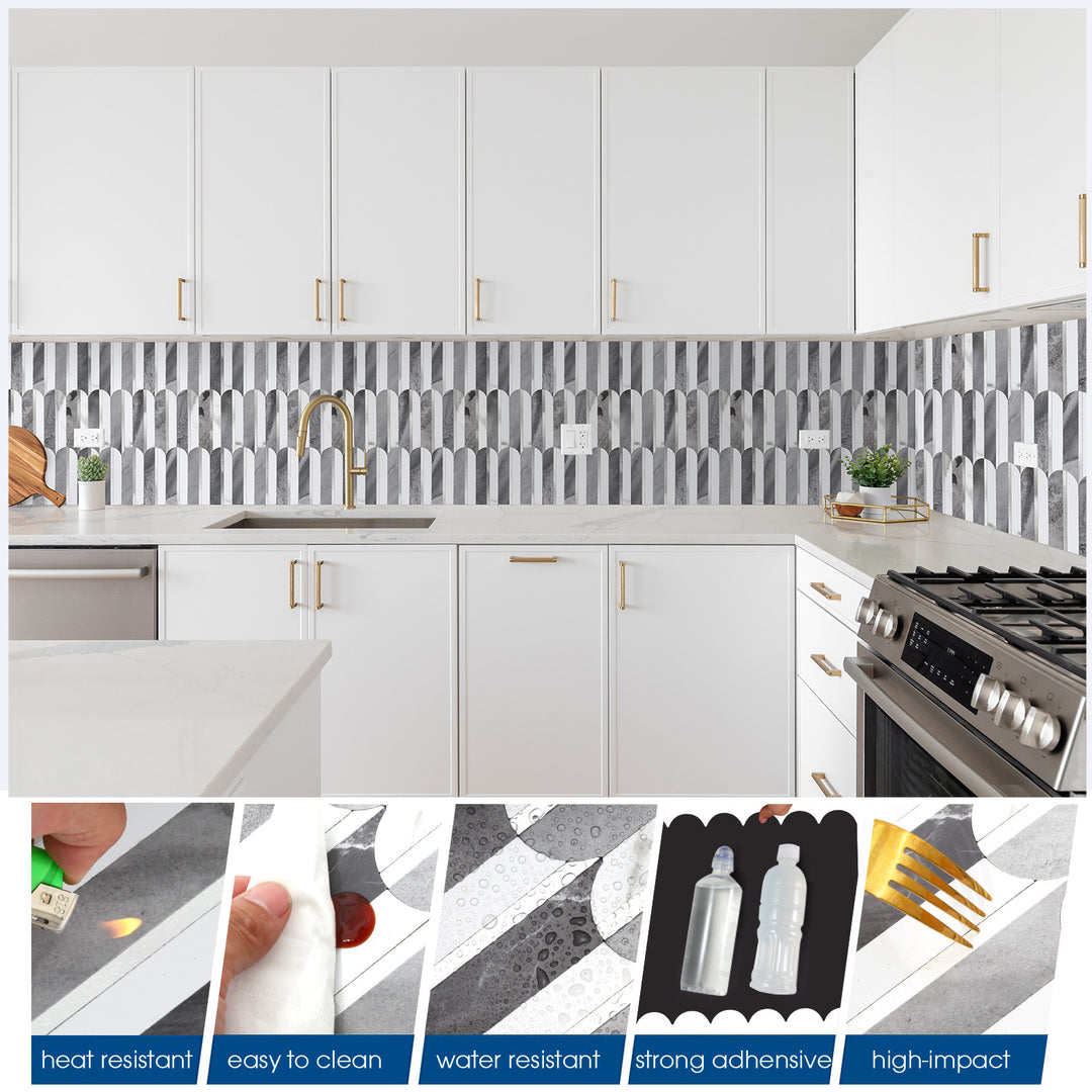 11.81" X 10.47" Dark Gray and Marble White  Fish Scale Peel and Stick Tiles