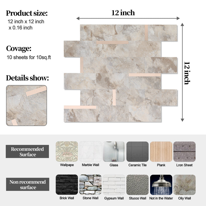 12" X 12" Ecru Stein gemischt Metall Abziehen und Aufkleben Subway Fliesen Backsplash