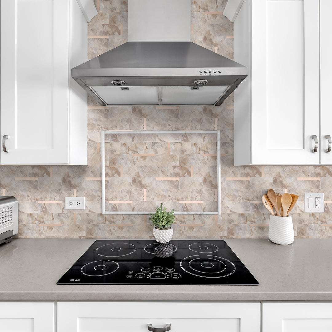 12" X 12" Ecru Stein gemischt Metall Abziehen und Aufkleben Subway Fliesen Backsplash