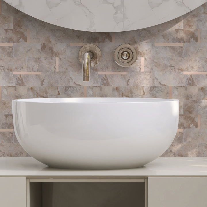 12" X 12" Ecru Stein gemischt Metall Abziehen und Aufkleben Subway Fliesen Backsplash