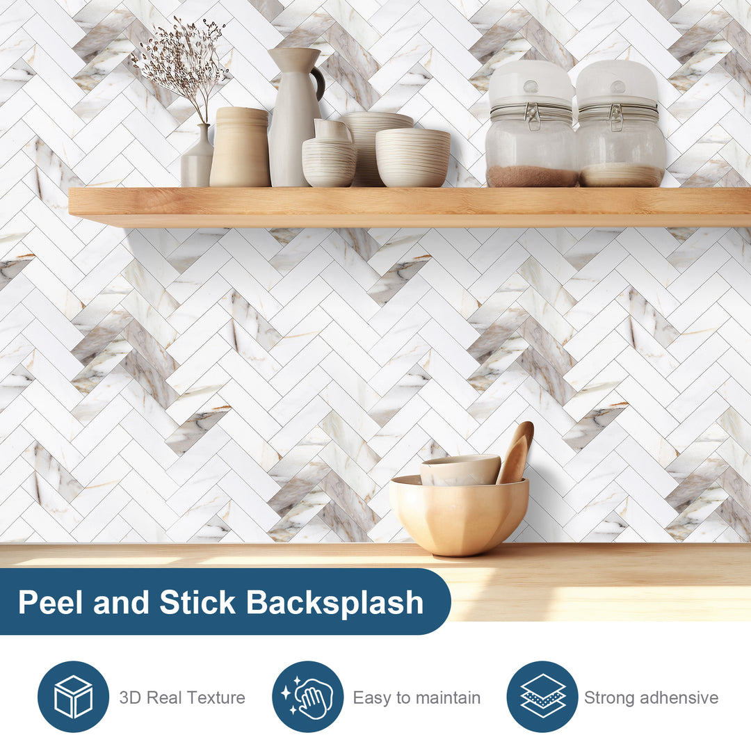 11,18" X 10" Marmor Calacata Fischgrätfliesen Abziehen und Aufkleben Spritzschutz