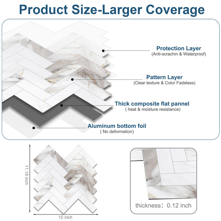 11,18" X 10" Marmor Calacata Fischgrätfliesen Abziehen und Aufkleben Spritzschutz