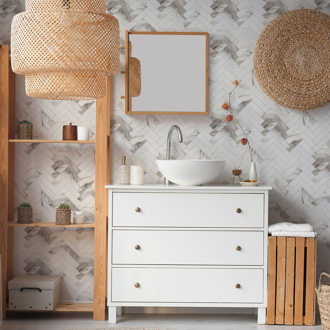 11,18" X 10" Marmor Calacata Fischgrätfliesen Abziehen und Aufkleben Spritzschutz