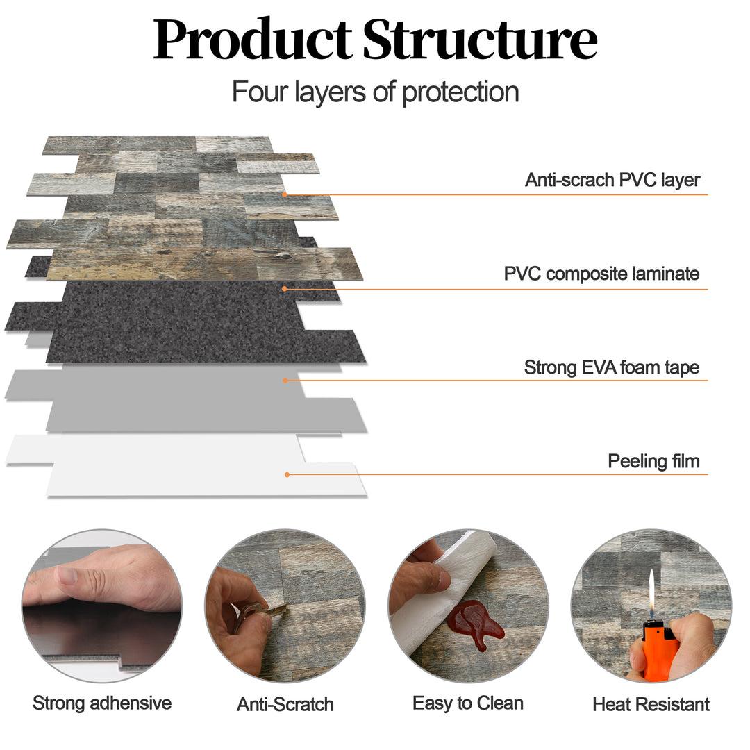 12" X 12" Hellgraue U-Bahn-Fliese aus PVC mit Holzstruktur, Spritzschutz