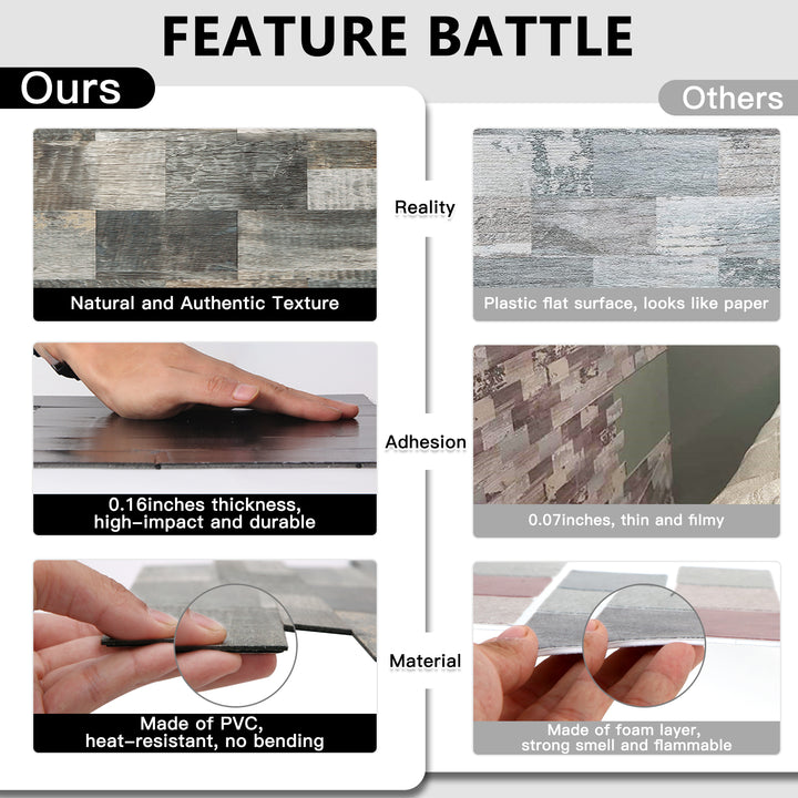 12" X 12" Hellgraue U-Bahn-Fliese aus PVC mit Holzstruktur, Spritzschutz