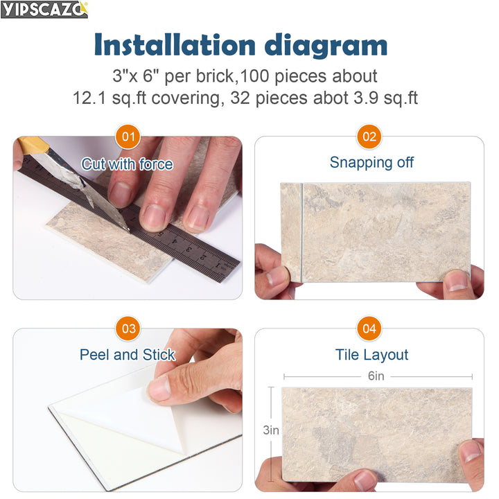 3" x 6" hautfreundliche Marmor-Spritzschutzfliese zum Abziehen und Aufkleben, halbmatte Ziegel-U-Bahn-Fliese