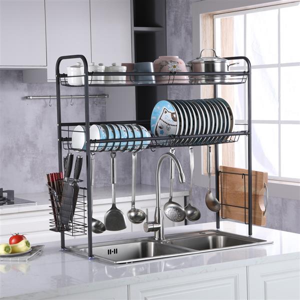 Stainless Steel Double Layer Kitchen Bowl Rack Shelf Black