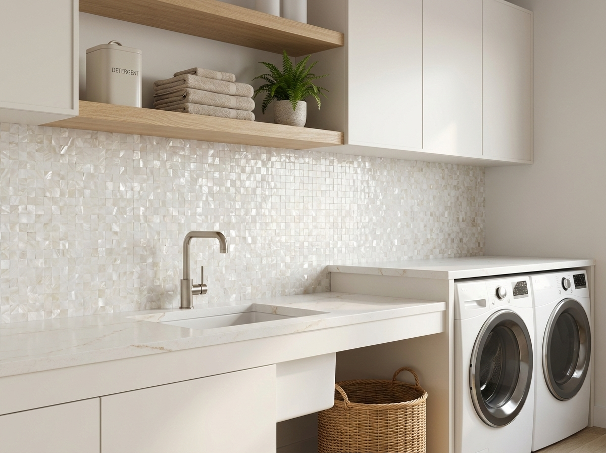shell mosaic tile stick on laundry room