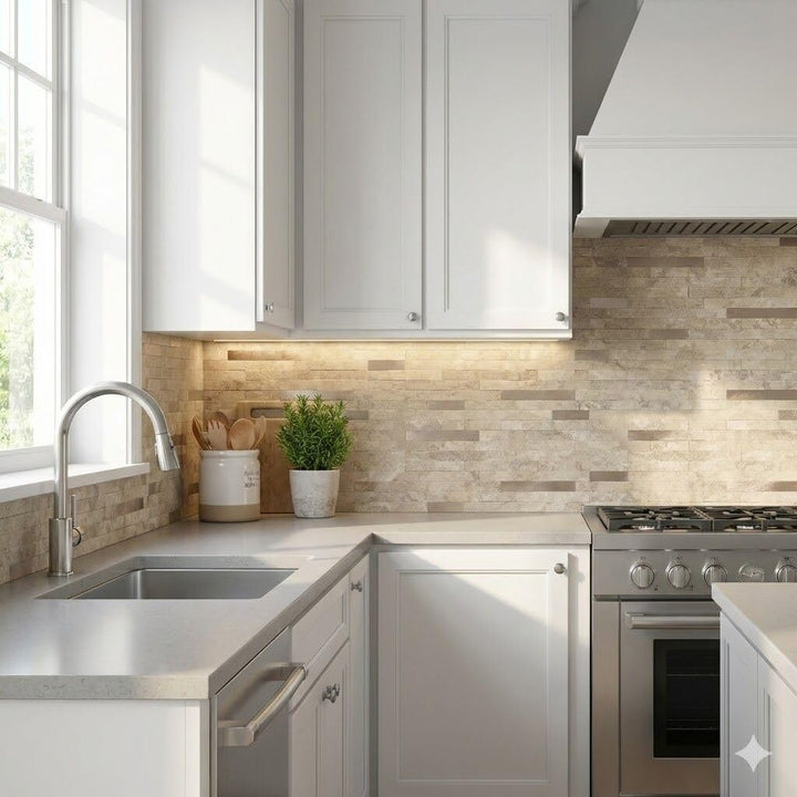 12" X 12" Ecru Abziehen und Aufkleben Stein Backsplash Premium Linear Blend Fliesen von UK