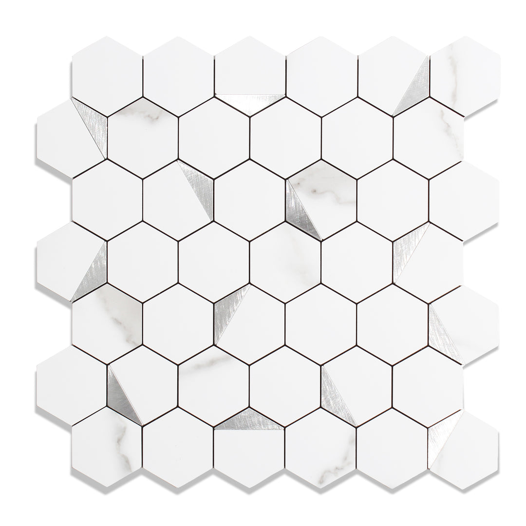 12" x 12" Sechseck-Fliesen zum Abziehen und Aufkleben für Küchenrückwand, Marmor, Weiß, Silber