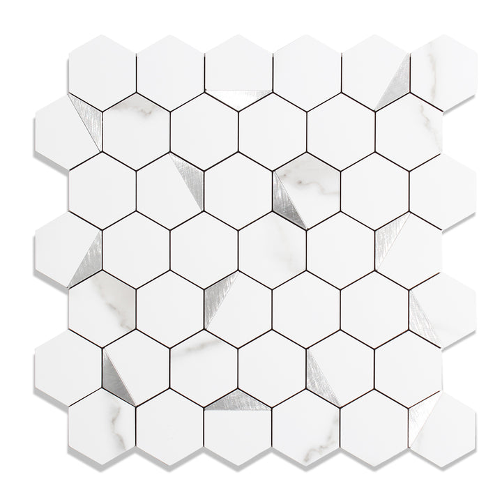 12" x 12" Sechseck-Fliesen zum Abziehen und Aufkleben für Küchenrückwand, Marmor, Weiß, Silber