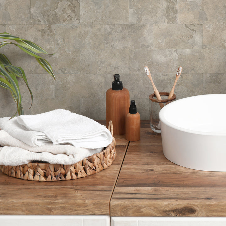 11.8" X 11.8" Beige Stone Rock Peel and Stick Subway Backsplash Tile