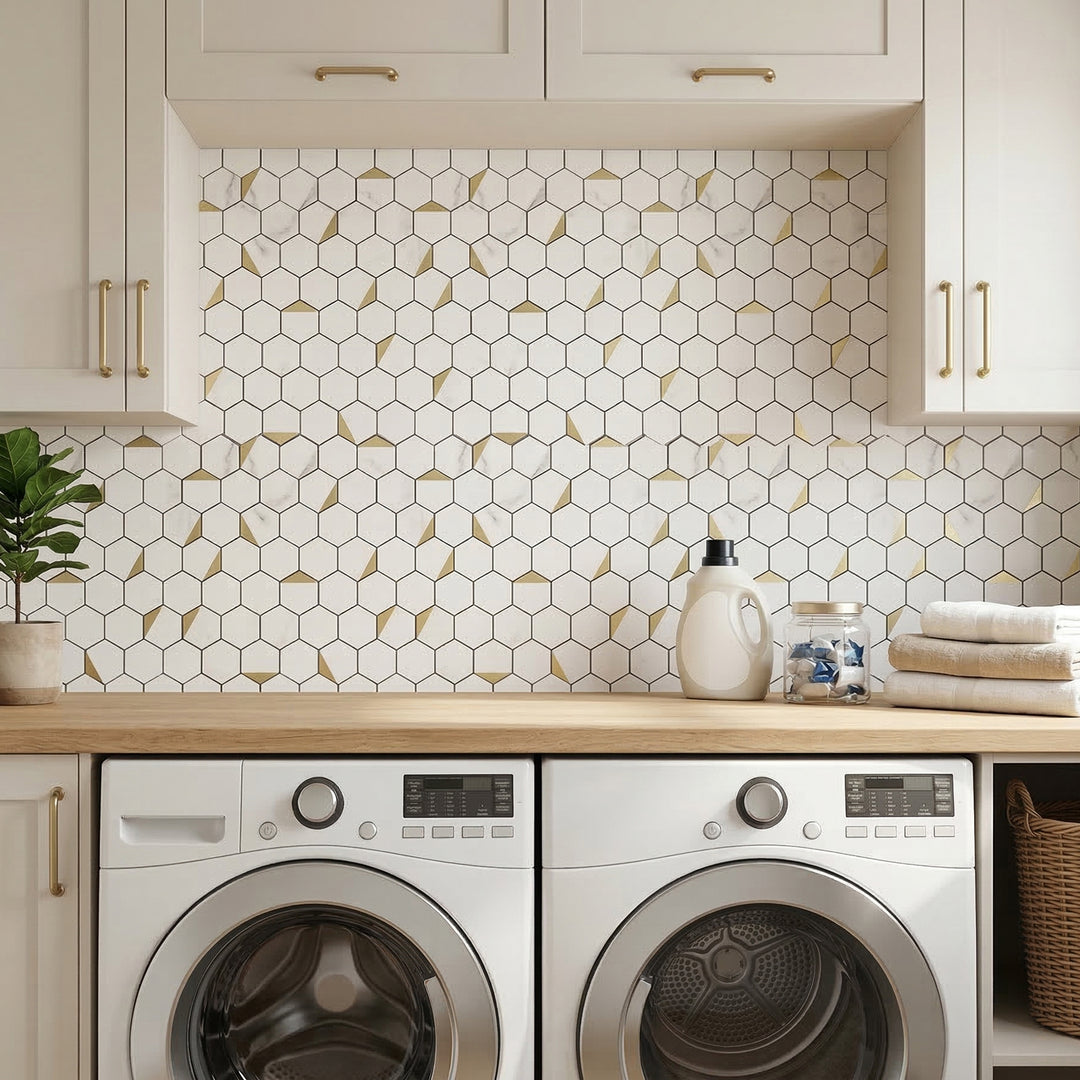 peel and stick hexagon tile for laundry room