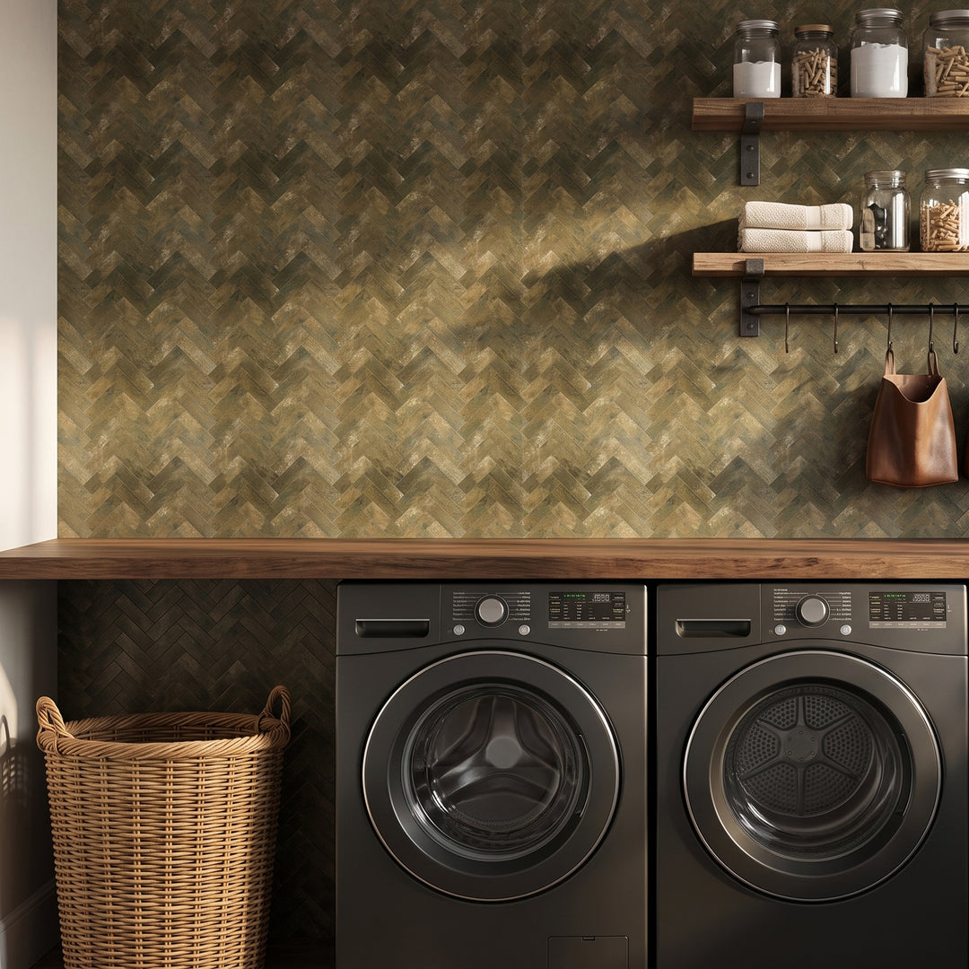 herringbone tile stick on laundry room