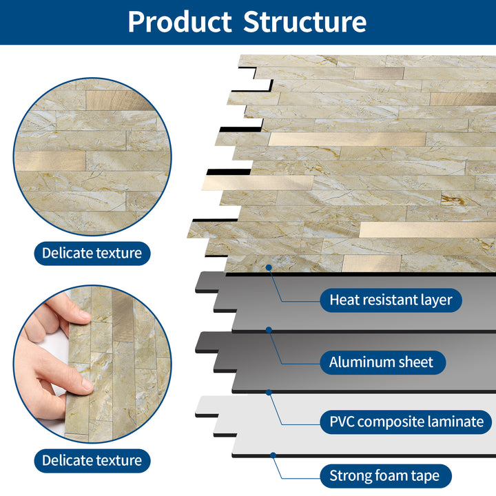 12" X 12" Polished Beige Peel and Stick Backsplash Linear Blend Tile