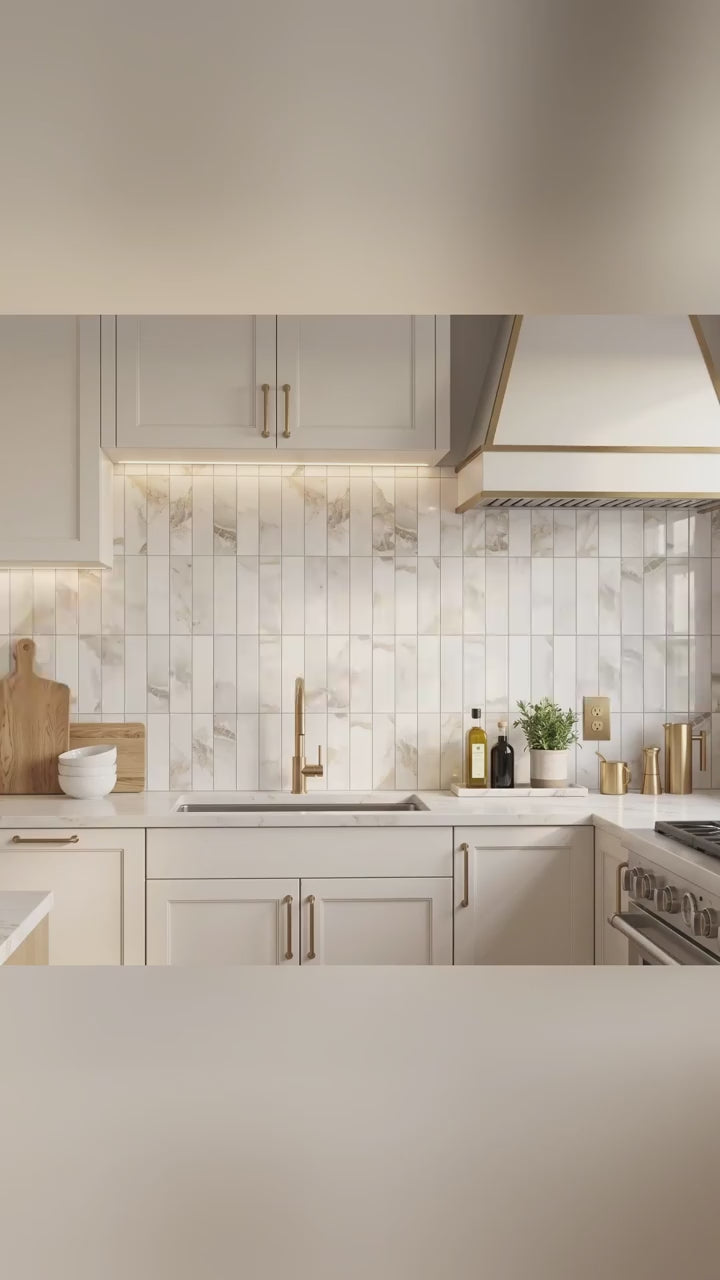 2" x 8" Polished Marble Peel and Stick Brick Tile Subway Backsplash